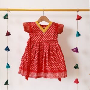 Red Border Frock with sleeves cotton lining