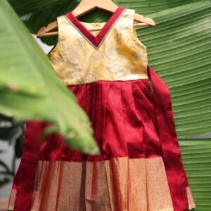 Silk maroon colour border frock V neck sleeveless