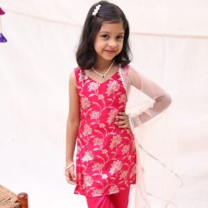 Rani Pink Banarasi Kurta Set with White Net Dupatta