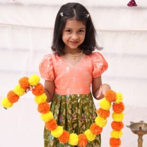 Peach & Mehendi Balloon Sleeves Frock with cotton lining