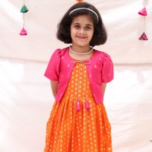Orange Silk Frock with Pink Jacket