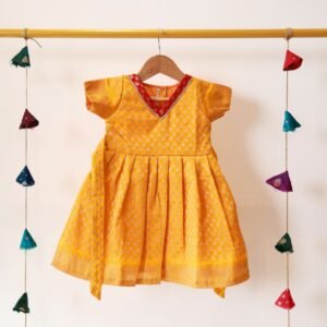 Yellow Minakshi Border Frock with sleeves cotton lining