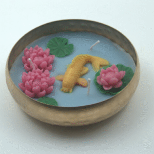 5" Hammered Urli Candle Lotus + Leaf + Fish | 16. Hammered Urli Candle Lotus and Leaf and Fish – Decorative Spiritual Candle for Pooja, Festivals, and Home Décor