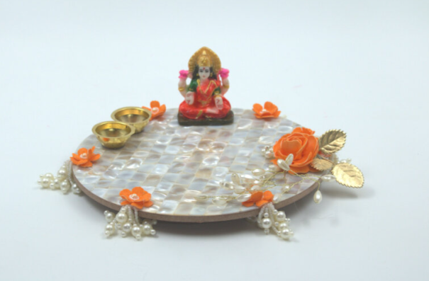Pooja Thali with Laxmi Stickers – Traditional Festival & Diwali Thali, Spiritual Pooja Room Décor, Housewarming & Wedding Gift, Auspicious Home Accessory