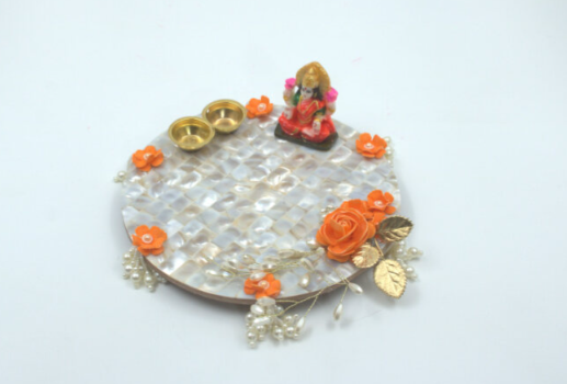 Pooja Thali with Laxmi Stickers – Traditional Festival & Diwali Thali, Spiritual Pooja Room Décor, Housewarming & Wedding Gift, Auspicious Home Accessory