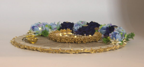 Blue Pooja Thali with Built-in Light – LED Illuminated Festival & Ritual Plate, Diwali, Navratri, Wedding, Housewarming Décor