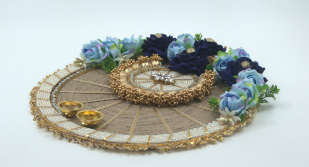 Blue Pooja Thali with Built-in Light – LED Illuminated Festival & Ritual Plate, Diwali, Navratri, Wedding, Housewarming Décor