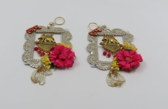 Shubh Labh Hanging with Pink Stones & Pearls – Decorative Auspicious Wall & Door Ornament, Pooja Room Décor, Festival & Wedding Home Accent, Diwali Gift