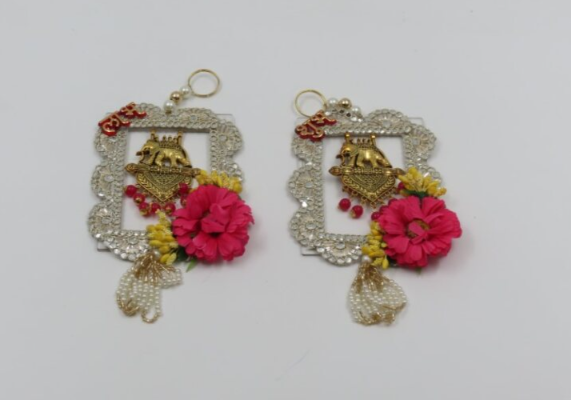 Shubh Labh Hanging with Pink Stones & Pearls – Decorative Auspicious Wall & Door Ornament, Pooja Room Décor, Festival & Wedding Home Accent, Diwali Gift