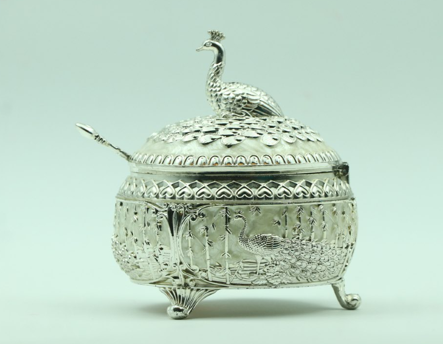 Peacock Mukhwas Container – White-Silver Circular Elegant Mouth Freshener Box for Festive Gifting and Home Decoration