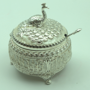 Peacock Mukhwas Container – White-Silver Circular Elegant Mouth Freshener Box for Festive Gifting and Home Decoration