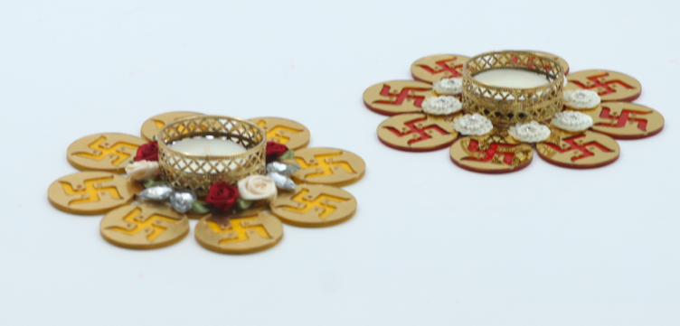 Flower with Swastik Diya – Set of 4 (Red & Yellow) |Red & Yellow Flower with Swastik Diya Set – Auspicious Festival Lamps| Decorative Floral Diya with Swastik for Diwali, Pooja & Gifting| Set of 4 Swastik Flower Diyas – Mandir & Rangoli Festival Decor