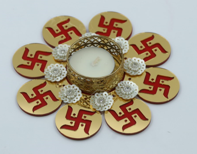 Flower with Swastik Diya – Set of 4 (Red & Yellow) |Red & Yellow Flower with Swastik Diya Set – Auspicious Festival Lamps| Decorative Floral Diya with Swastik for Diwali, Pooja & Gifting| Set of 4 Swastik Flower Diyas – Mandir & Rangoli Festival Decor