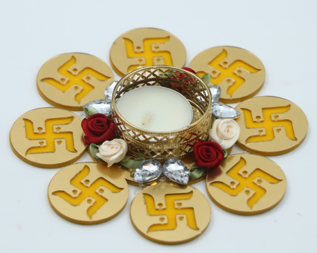 Flower with Swastik Diya – Set of 4 (Red & Yellow) |Red & Yellow Flower with Swastik Diya Set – Auspicious Festival Lamps| Decorative Floral Diya with Swastik for Diwali, Pooja & Gifting| Set of 4 Swastik Flower Diyas – Mandir & Rangoli Festival Decor