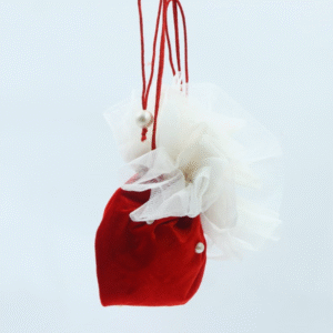 Red Velvet Potli with Pearls & Net – Luxury Wedding & Festive Bag| Designer Velvet Potli Bag – Pooja Thali Cover & Gift Pouch| Pearl & Net Embellished Velvet Potli for Diwali, Weddings & Gifts