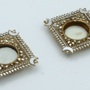 Square Metal Diyas with Mirror Work Set of 2 – Premium Decorative Diyas for Diwali, Wedding Centre pieces, Pooja Room, and Luxury Festival Décor