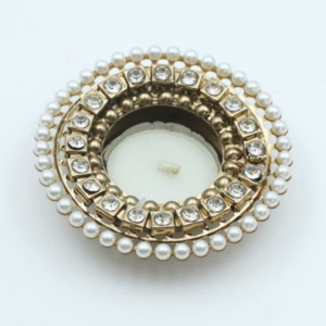 Round Metal Diya with Mirror Work – Luxury Single Decorative Diya for Diwali, Weddings, Pooja Rooms, and Elegant Home Festive Décor