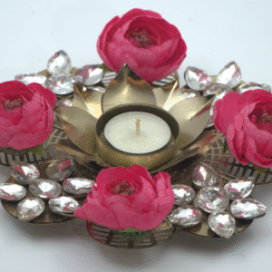 Crystal Flower Diya – Single Piece Luxury Decorative Diya with Sparkling Crystals for Diwali, Weddings, Pooja Room, and Table Centerpieces