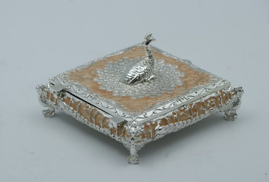 Square Peacock Mukhwas Jewelry Box – Mustard Yellow Multi-Purpose Festive Storage for Diwali and Wedding Favors