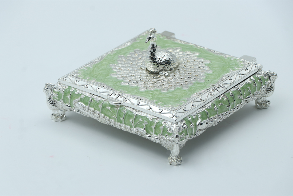 Square Peacock Mukhwas Jewelry Box – Green Multi-Purpose Festive Storage for Diwali and Wedding Favors