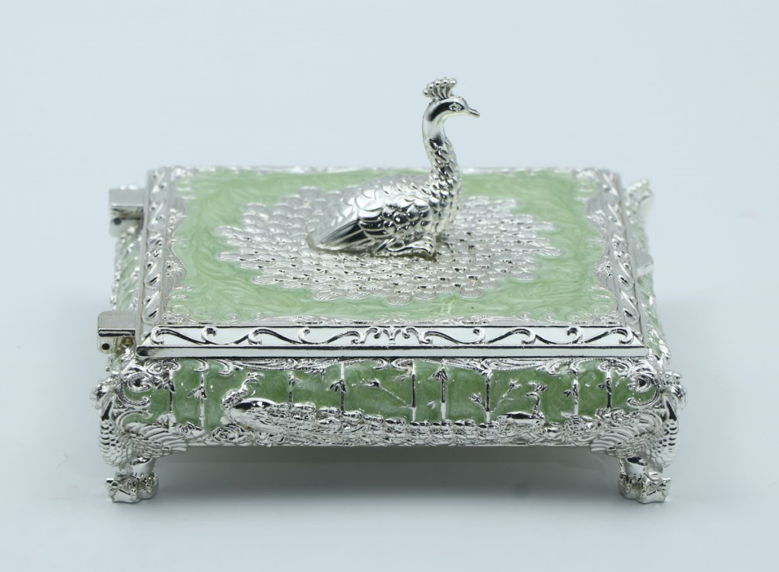 Square Peacock Mukhwas Jewelry Box – Green Multi-Purpose Festive Storage for Diwali and Wedding Favors