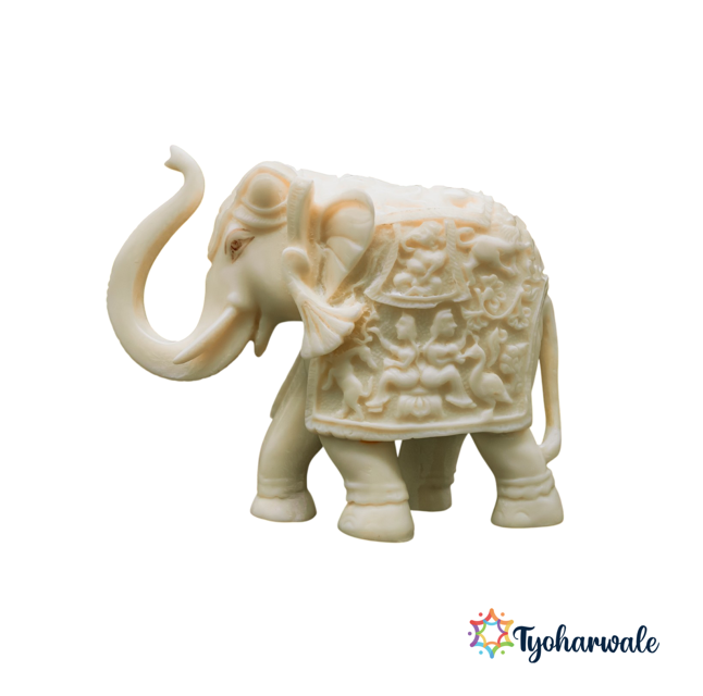 Vastu White Marble Dust Elephant Statue with Trunk Up | For New Home, Housewarming, Diwali Decoration, and Corporate Gifting |
