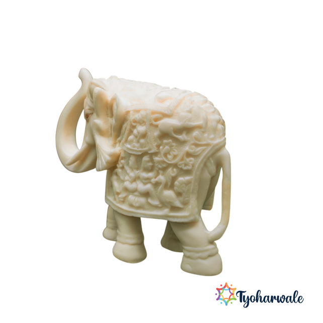 Vastu White Marble Dust Elephant Statue with Trunk Up | For New Home, Housewarming, Diwali Decoration, and Corporate Gifting |