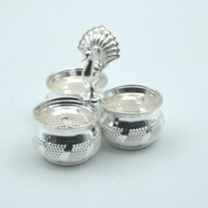 Pure Silver 3 Bowl Peacock Design Panchapali | Haldi Kumkum Holder, Roli Chawal Stand for Puja | Home, Temple & Office Pooja Set | Festive, Wedding & Diwali Gift Item