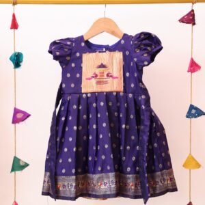 Dark Purple Paithani Border Ballon Sleeves Frock