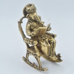 Ganpati Sitting on Rocking Chair Brass Idol – Lord Ganesha Reading Book Showpiece with Om & Swastik Symbols – Decorative Brass Ganesha Statue for Home Decor & Pooja Room Gift (Handcrafted)