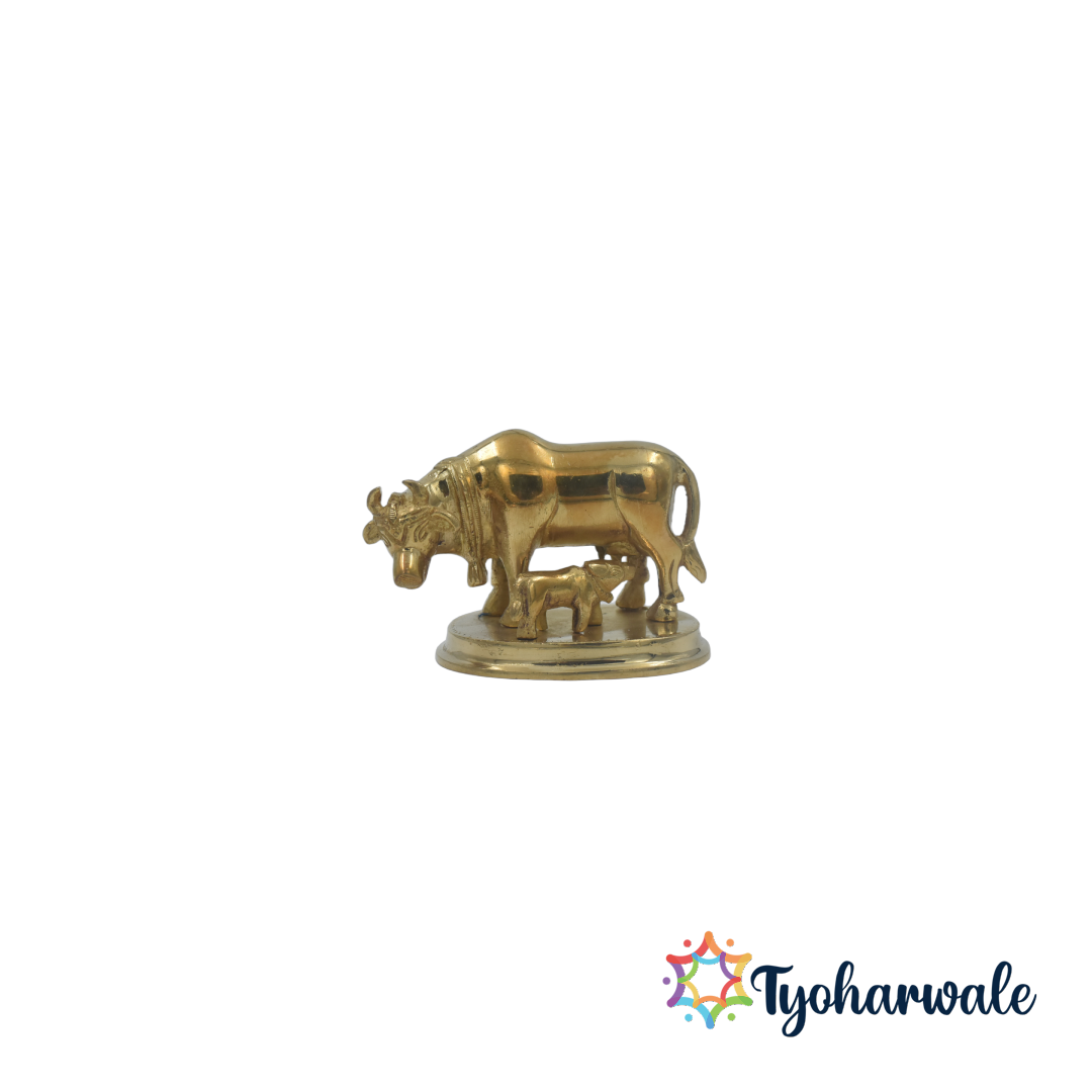 Golden Kamdhenu Cow with Calf Idol – Brass Gau Mata Statue for Home Decor, Pooja, Diwali and Office – Handcrafted Kamdhenu Cow Figurine for Good Luck and Prosperity