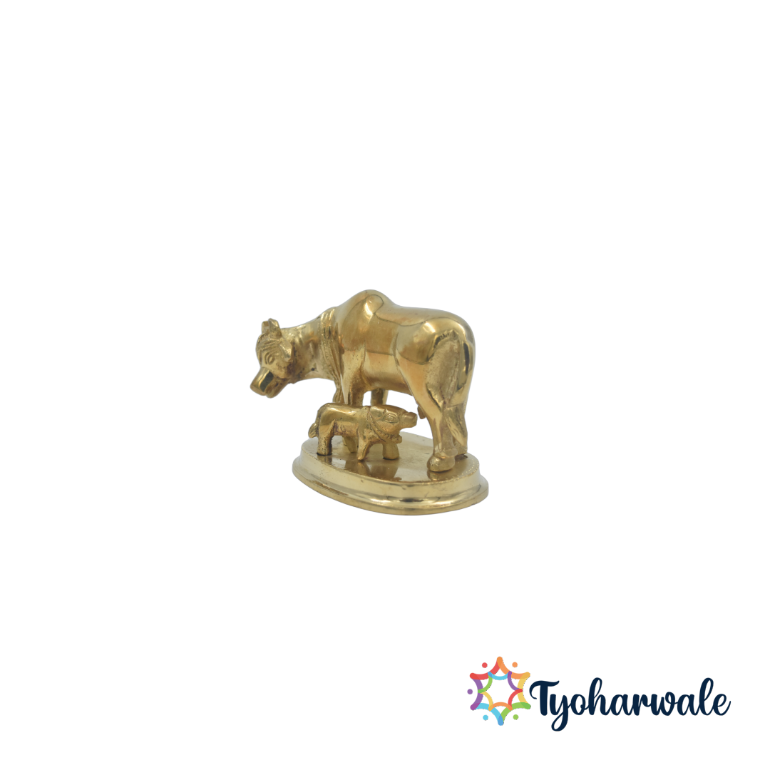 Golden Kamdhenu Cow with Calf Idol – Brass Gau Mata Statue for Home Decor, Pooja, Diwali and Office – Handcrafted Kamdhenu Cow Figurine for Good Luck and Prosperity