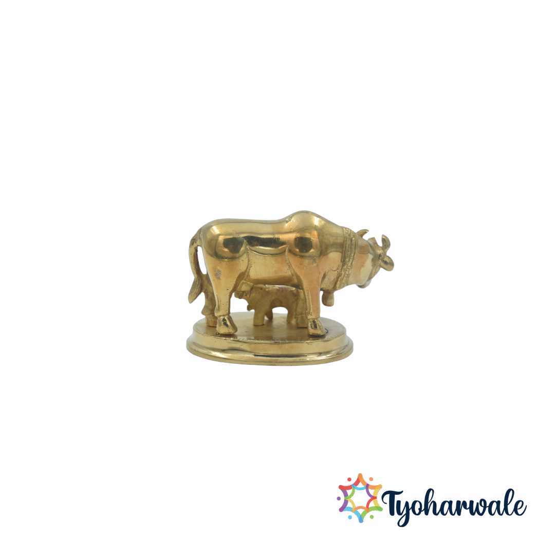 Golden Kamdhenu Cow with Calf Idol – Brass Gau Mata Statue for Home Decor, Pooja, Diwali and Office – Handcrafted Kamdhenu Cow Figurine for Good Luck and Prosperity
