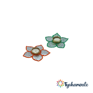 Flower Diya (Set of 2) | Decorative Diya with Mirror Work for Diwali, Weddings, Pooja Room, and Table Centerpieces |