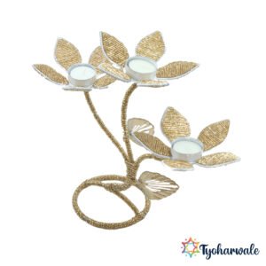 Crystal Triple Flower Diya | Plant Style Centerpiece Lamp | Handmade Lamp for Diwali, Weddings, Mandir, Pooja & Festival Glow |