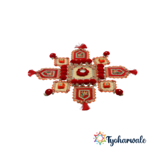 Red-Yellow Jamawar Silk Pompom Rangoli – Vibrant Ready-to-Use Decorative Floor Art for Diwali, Weddings, and Festive Celebrations