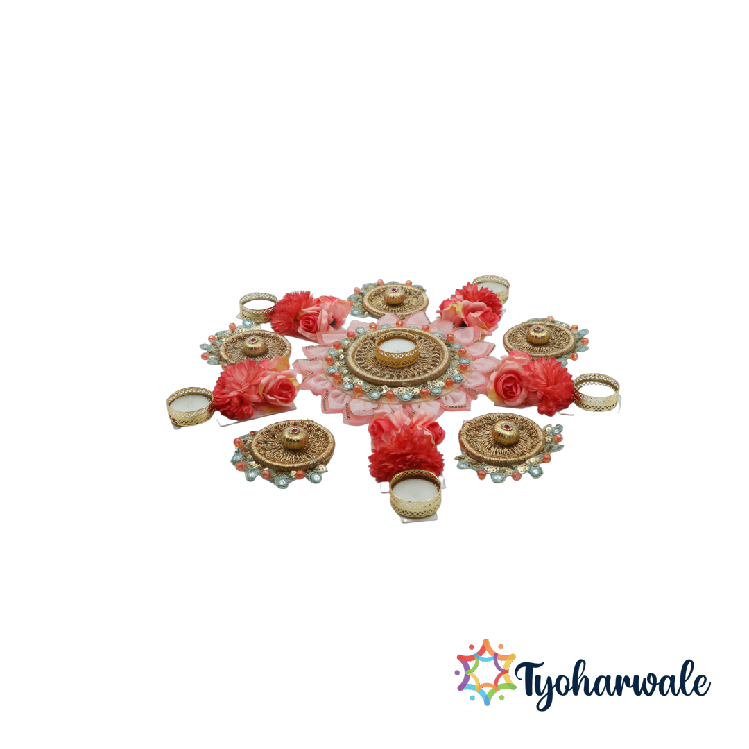 Rangoli with Ghungaru and Peach Pearl | Handcrafted Beaded Decorative Rangoli for Diwali, Navratri, Wedding Entrances, and Home Celebration Decor |