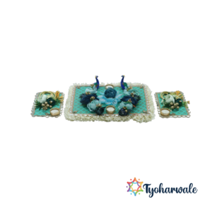 Blue Rectangular 3D Peacock Rangoli Set of 3 – Intricate Ready-to-Use Peacock Floor Art for Diwali, Wedding, Entrance, and Luxury Festival Décor
