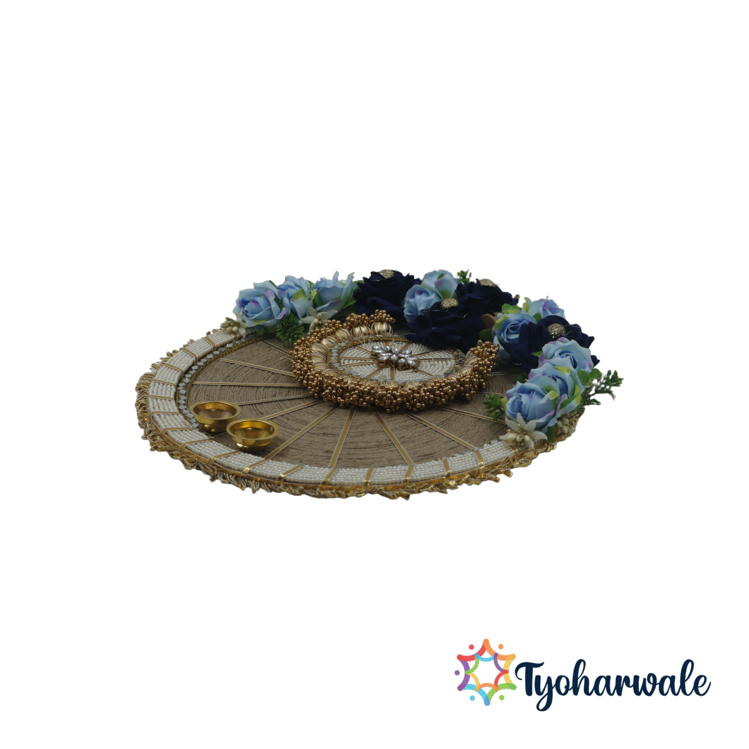 Blue Pooja Thali with Built-in Light – LED Illuminated Festival & Ritual Plate, Diwali, Navratri, Wedding, Housewarming Decor |