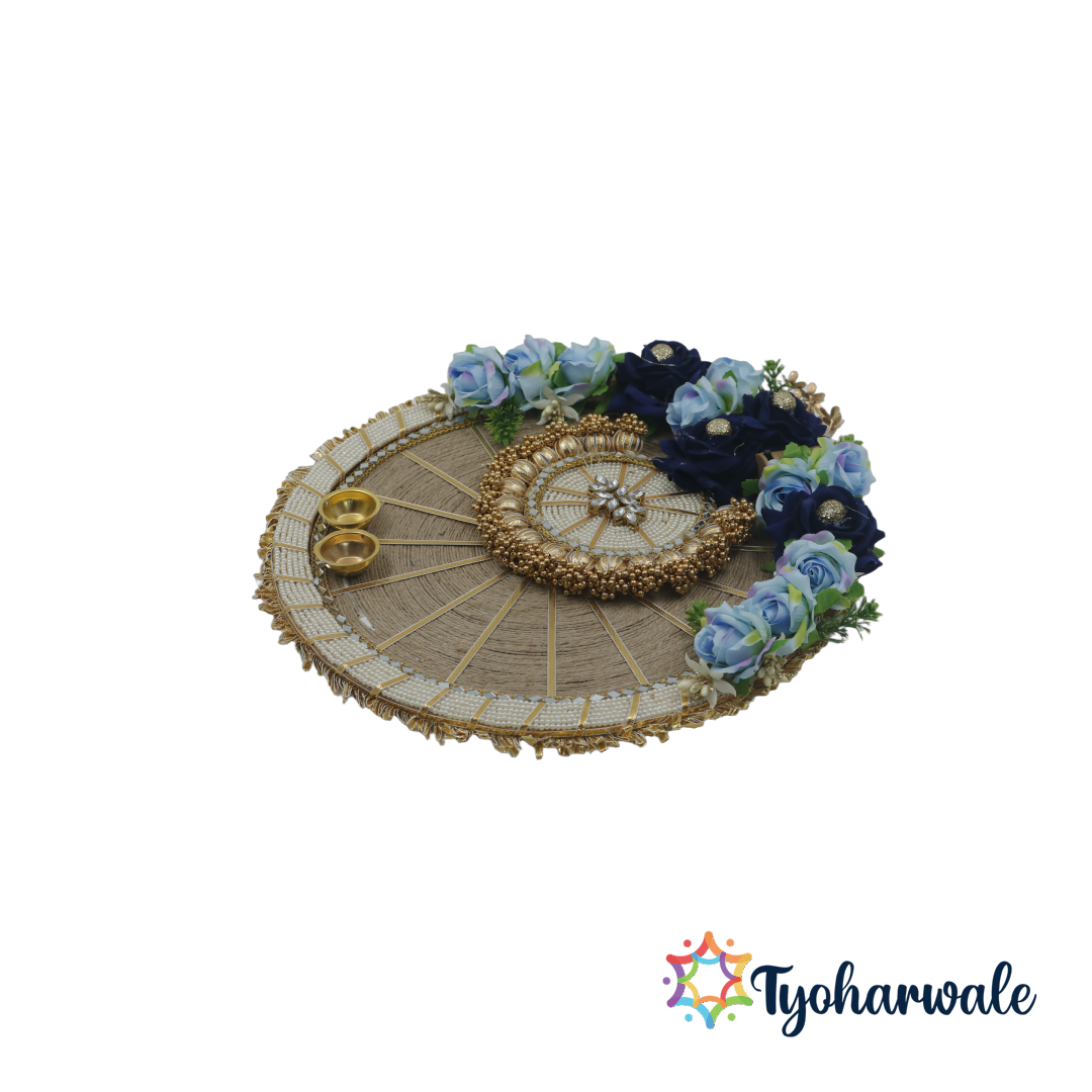 Blue Pooja Thali with Built-in Light – LED Illuminated Festival & Ritual Plate, Diwali, Navratri, Wedding, Housewarming Decor |