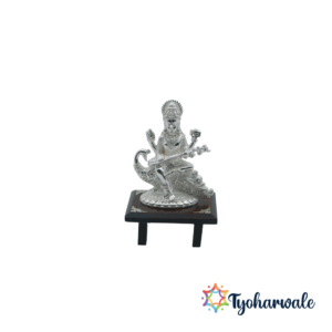 Pure 925 Silver Saraswati Idol on Peacock | Maa Saraswati Veena Vadini Statue | Handcrafted BIS Hallmarked Silver Goddess Murti for Vasant Panchami, Pooja, Home Temple, Office, Spiritual Gifting | Tyoharwale Silver Collection