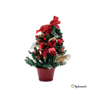 Christmas Tree in Basket (30 cm) | Mini Artificial Christmas Tree with Ornaments, Red Bow and Golden Leaves | Tabletop Christmas Décor for Home, Office, Living Room, Parties and Gifting |