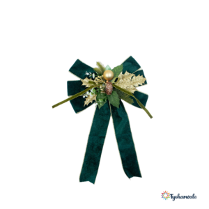 Green Bow with Golden Balls and Leaves | Christmas Decorative Bow for Tree, Wreath, Gift Wrapping, Home Décor and Festival Decoration
