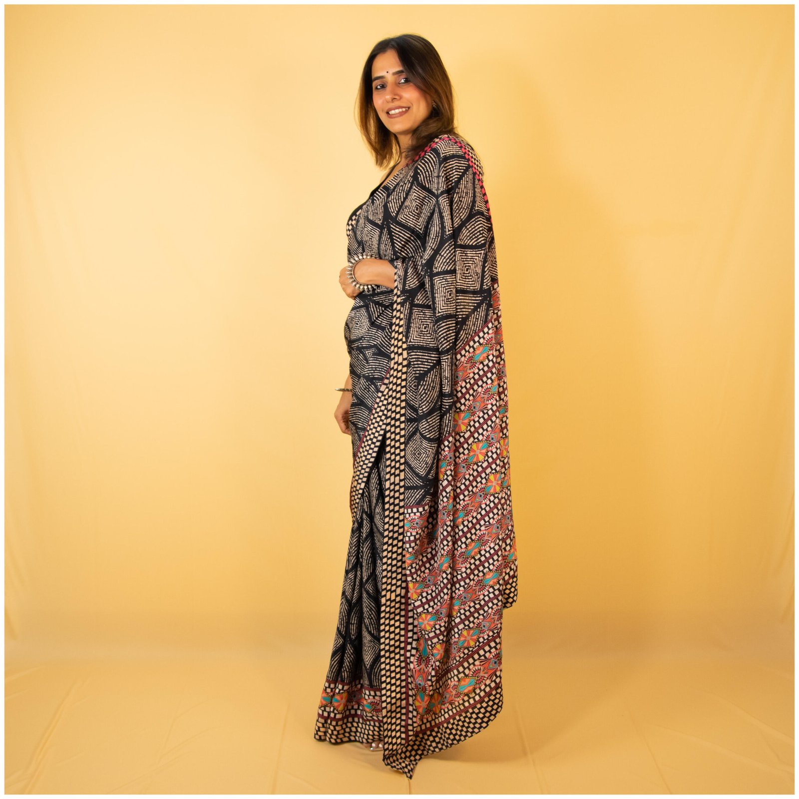 Black Pastel Pink Blue Crepe Saree – Shayari