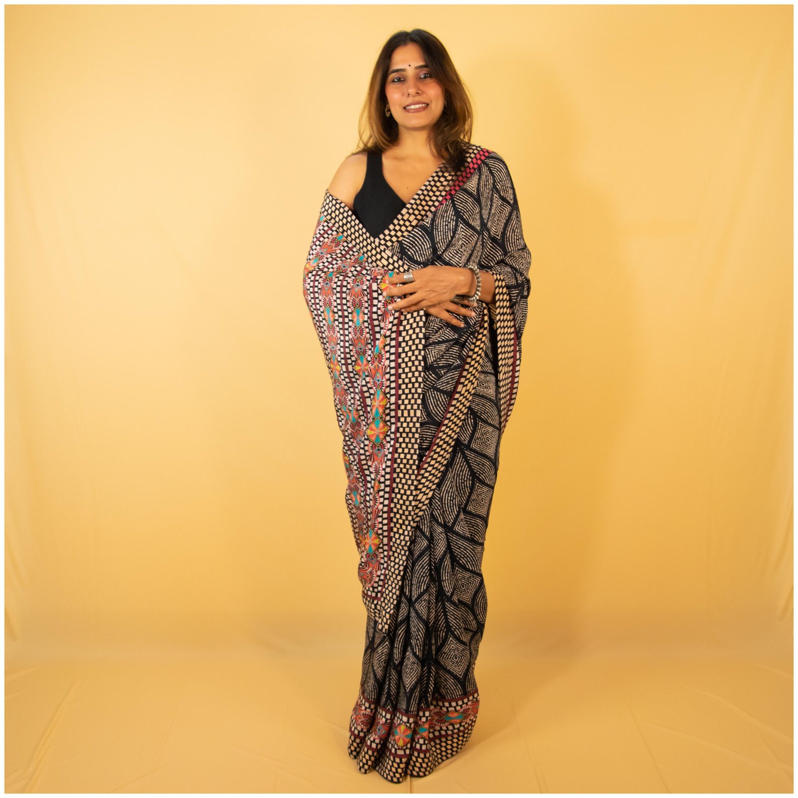 Black Pastel Pink Blue Crepe Saree – Shayari