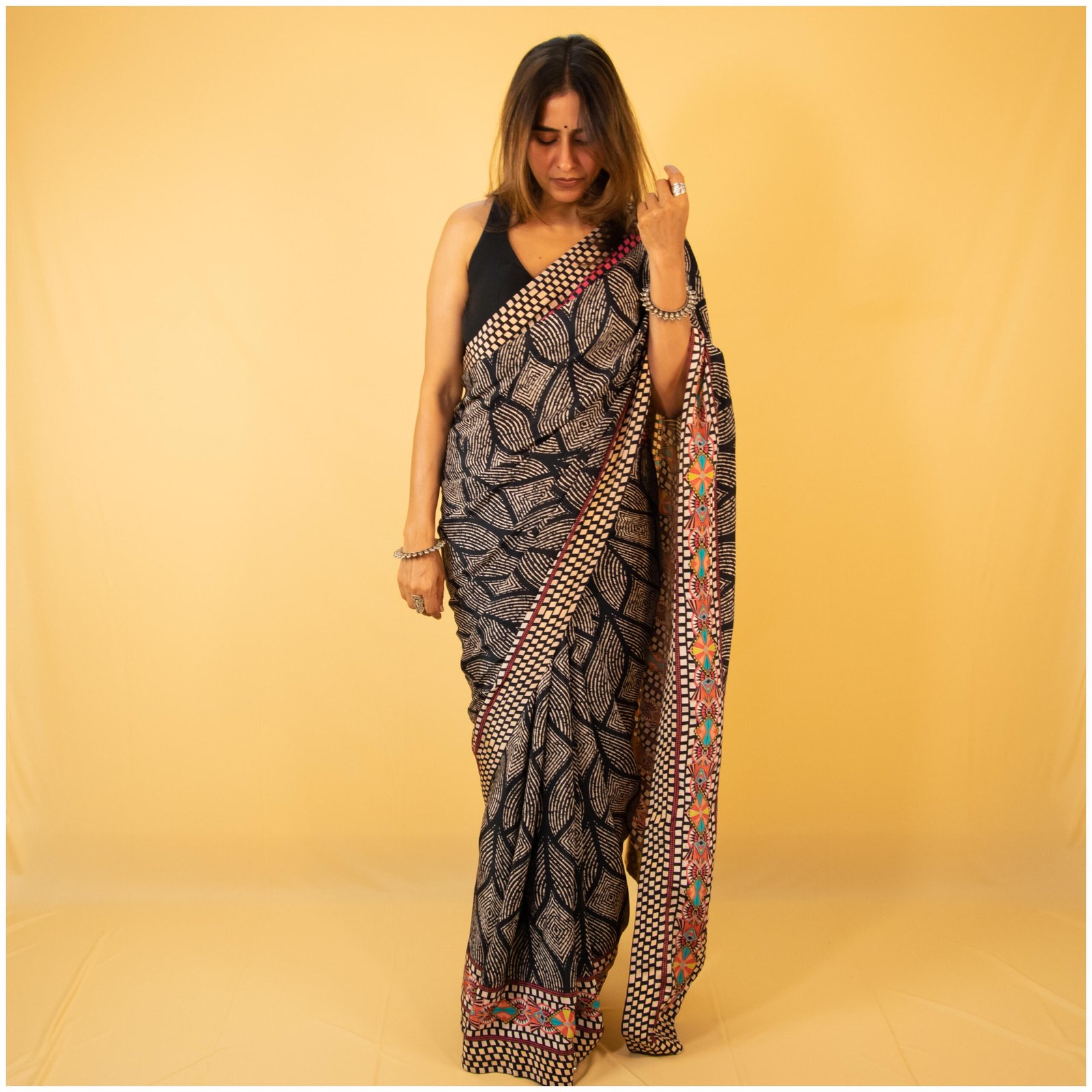 Black Pastel Pink Blue Crepe Saree – Shayari