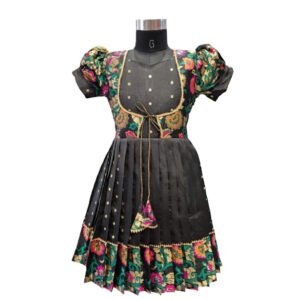 Girls' Elegant Black Silk frock with Attached Floral Brocade Koti Jacket