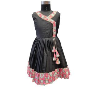 Black Angrakha Style Frock with Floral Print Trim and Tassels