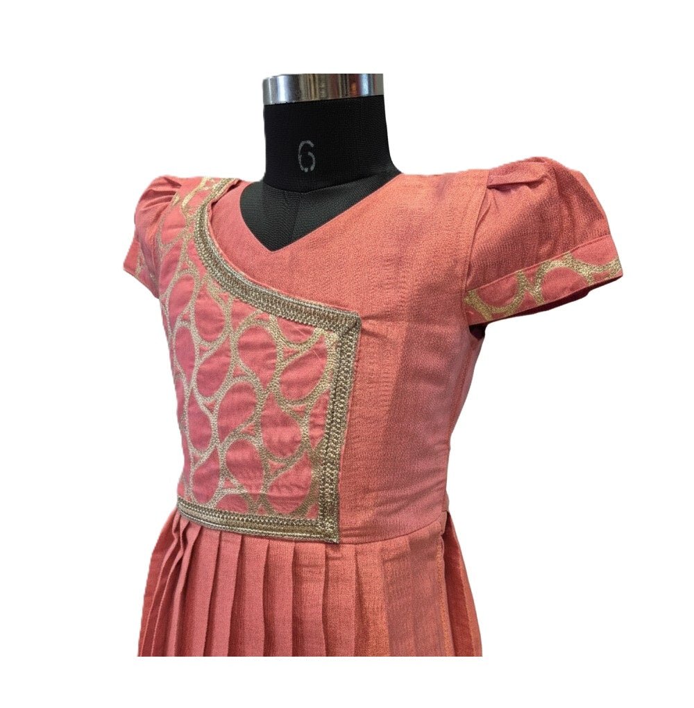 Girls' Peach Silk Angrakha Style Frock with Gold Geometric Embroidery
