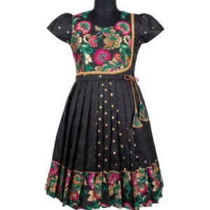 Girls' Black & Pink Angrakha Style Ethnic Frock with Vibrant Floral Brocade and Gold Butti